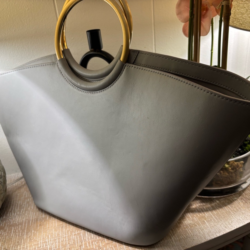 FLYNN Elegant Gray Leather Tote Bag with Gold Handles